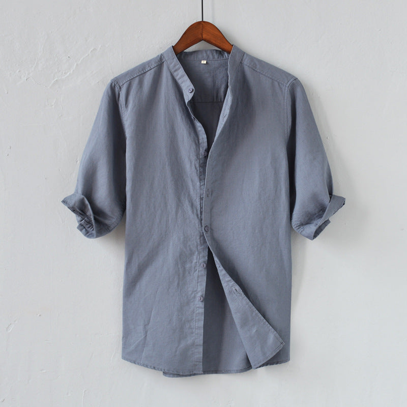Camisa casual da uomo in lino con manga, collo a mandorla e vestibilità comoda con bottoni