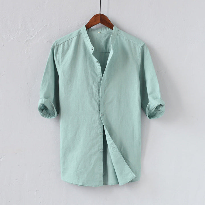 Camisa casual da uomo in lino con manga, collo a mandorla e vestibilità comoda con bottoni