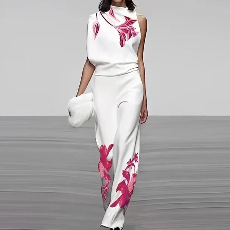 Elegante set a due pezzi senza maniche con stampa originale e collo alto di tendenza