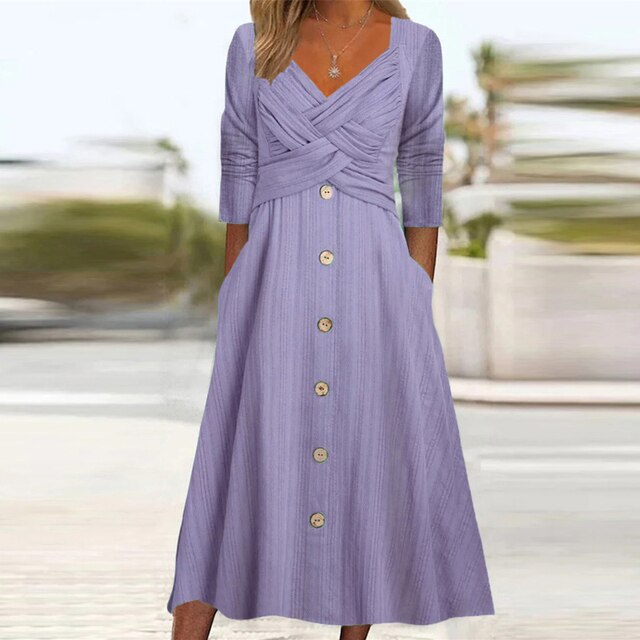 Elegante abito da donna con linea ad A, elegante scollo a V, bottoni decorativi sul davanti e maniche a 3/4
