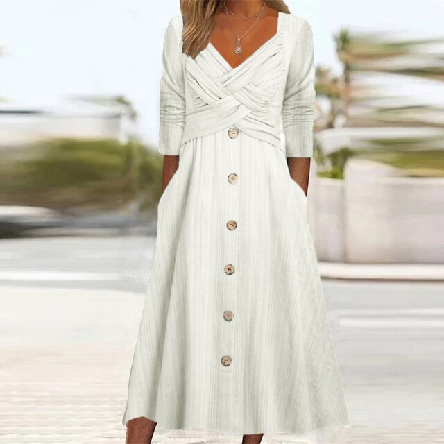 Elegante abito da donna con linea ad A, elegante scollo a V, bottoni decorativi sul davanti e maniche a 3/4