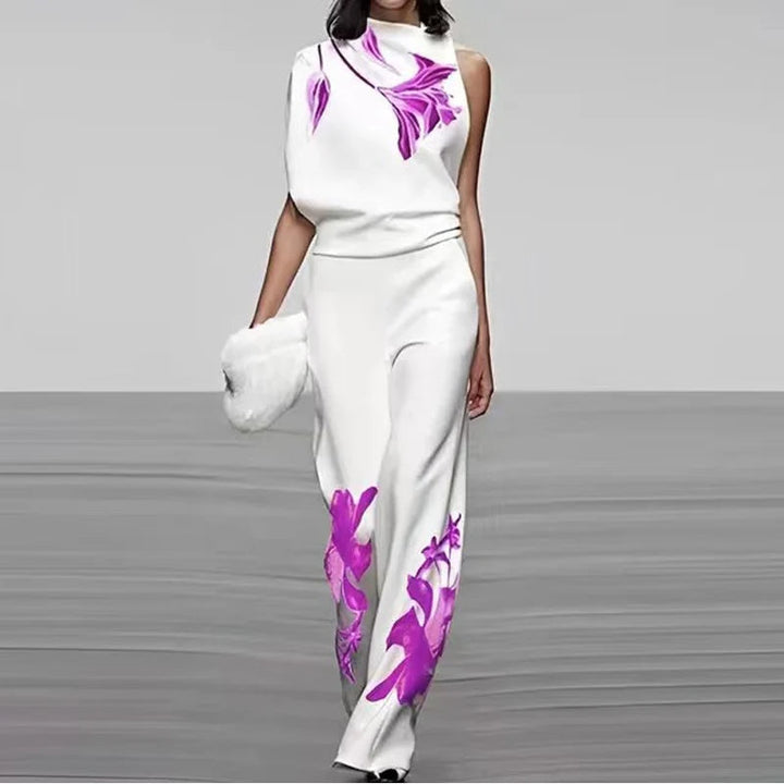 Elegante set a due pezzi senza maniche con stampa originale e collo alto di tendenza