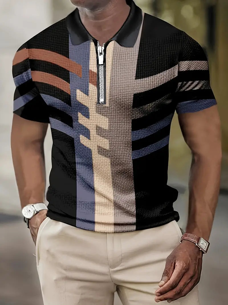 Elegante polo da uomo slim-fit con chiusura a zip, motivo geometrico alla moda e tessuto traspirante per il massimo comfort.