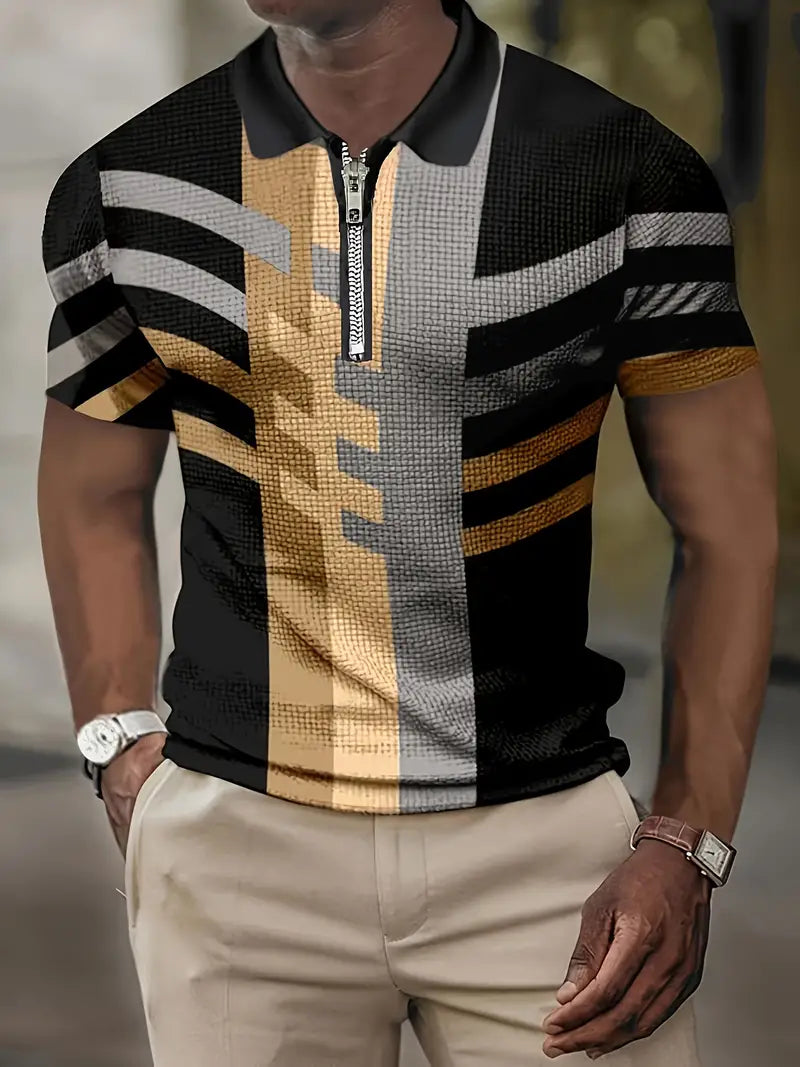 Elegante polo da uomo slim-fit con chiusura a zip, motivo geometrico alla moda e tessuto traspirante per il massimo comfort.