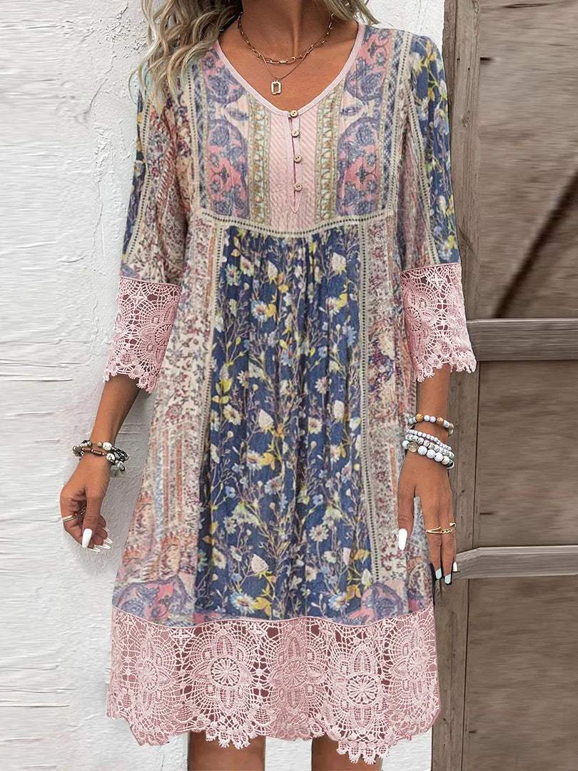 Robe Boho Chic pour Femmes avec Décolleté en V et Boutons - Manches Mi-Longues en Dentelle - Jupe Longue Taille-Saumon pour un Style Décontracté