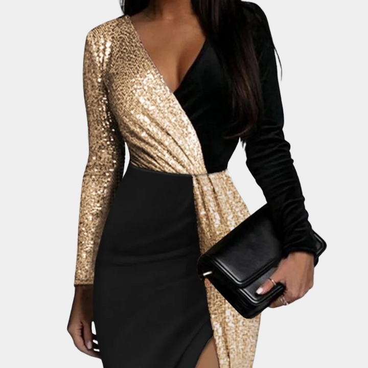 Stilvolles Damen-Abendkleid mit V-Ausschnitt und Wickel-Design - Pailletten, lange Ärmel und eleganter Schlitz für einen raffinierten Look