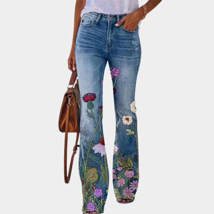 Rosmunda - Jeans da donna svasati di tendenza con bottoni vistosi per la donna alla moda