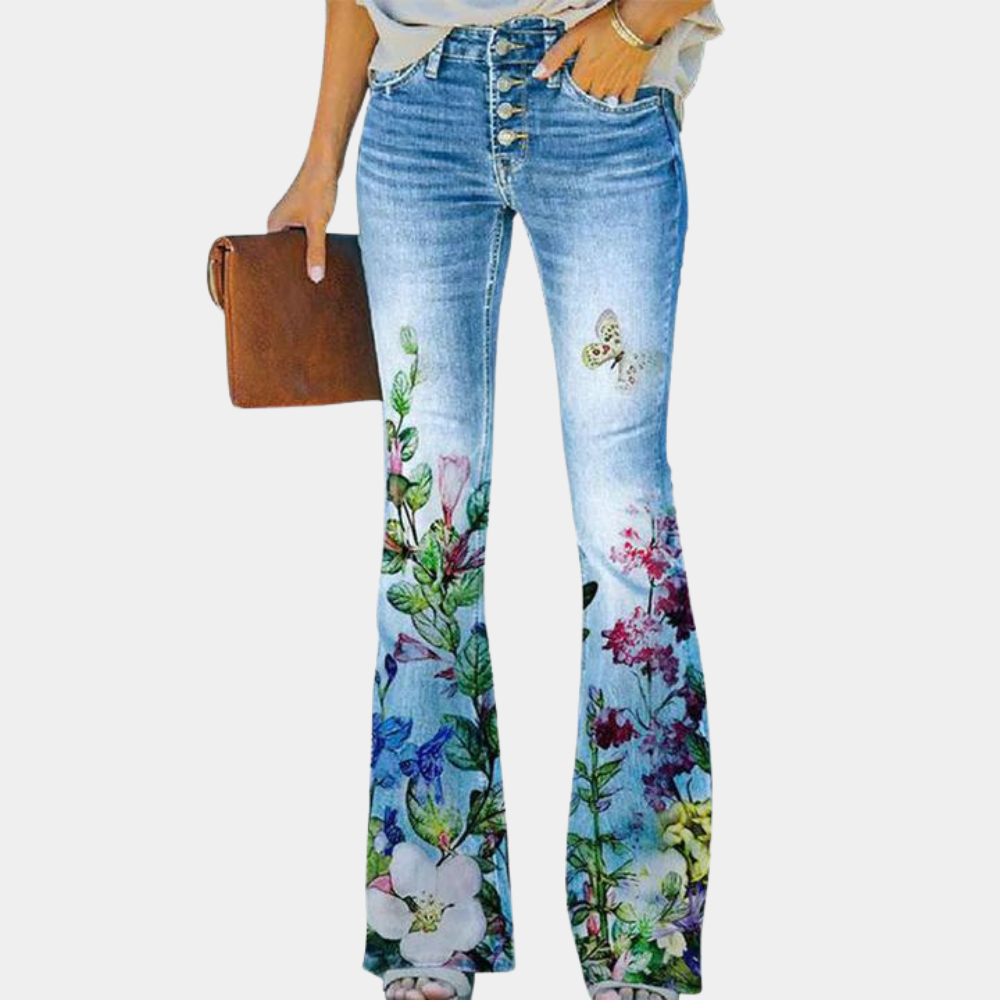 Rosmunda - Jeans da donna svasati di tendenza con bottoni vistosi per la donna alla moda