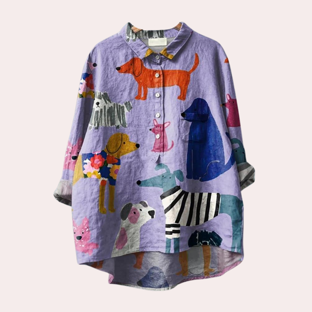 Elegante camicia da donna Brynja con stampa di un adorabile cane