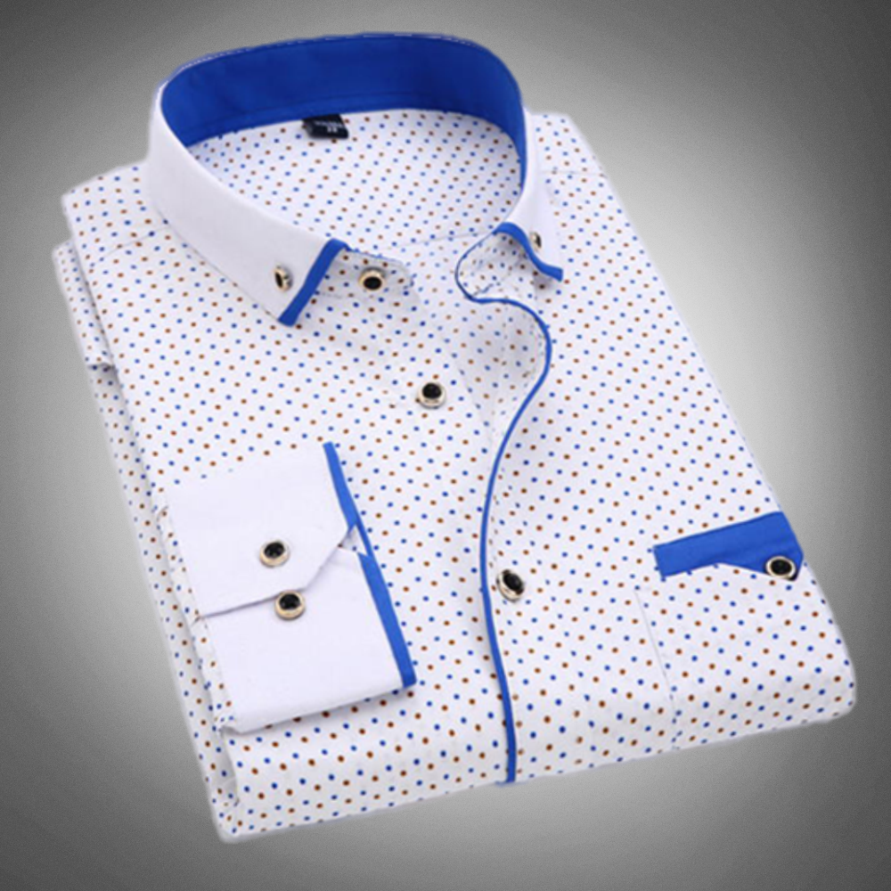 T-shirt da uomo elegante con dettagli in pois, colletto classico, polsini lunghi e pratico piping sul petto