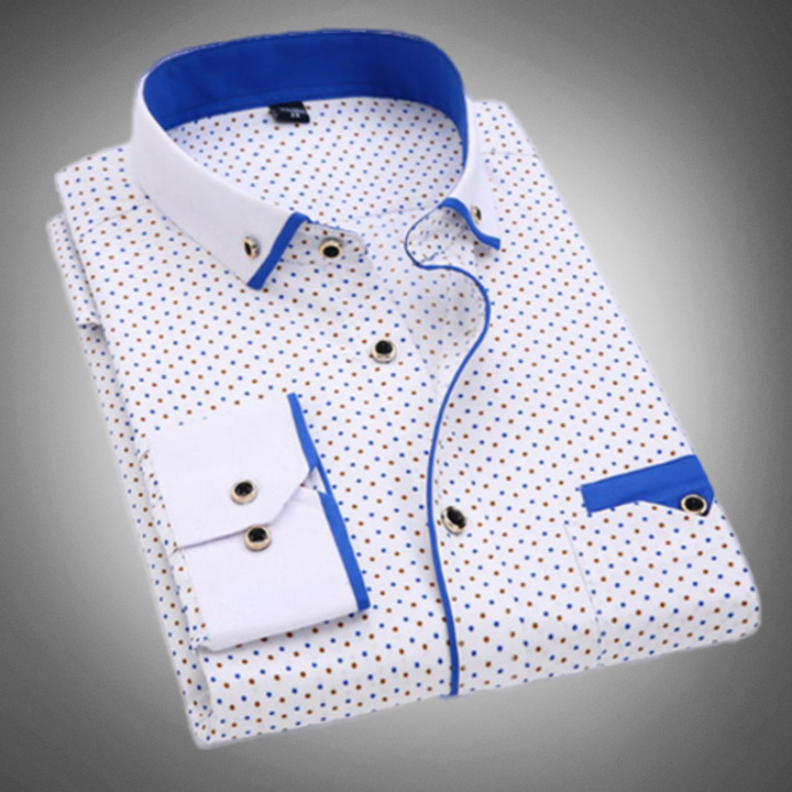 T-shirt da uomo elegante con dettagli in pois, colletto classico, polsini lunghi e pratico piping sul petto