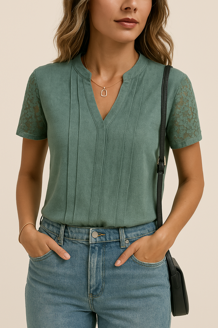 T-shirt da donna elegante con scollo a V e maniche in pizzo - vestibilità comoda e ampia in misto cotone morbido e traspirante