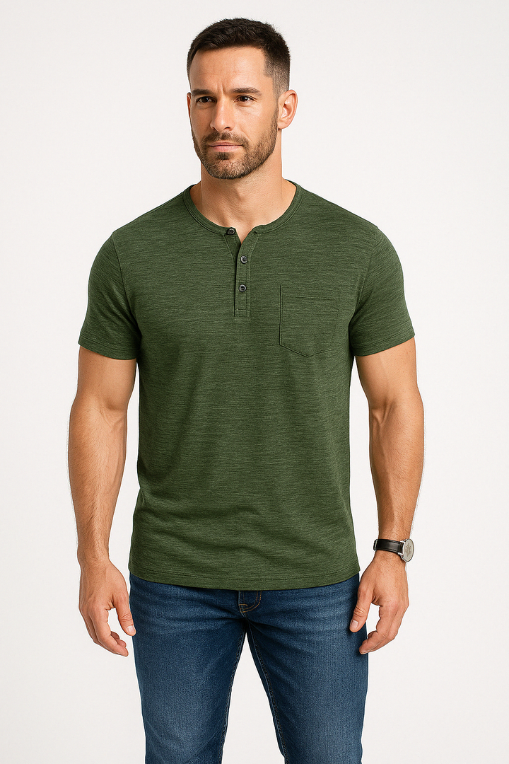 Elegante T-shirt Henley Slim Fit da uomo con prima tasca - Manica corta in morbido misto cotone