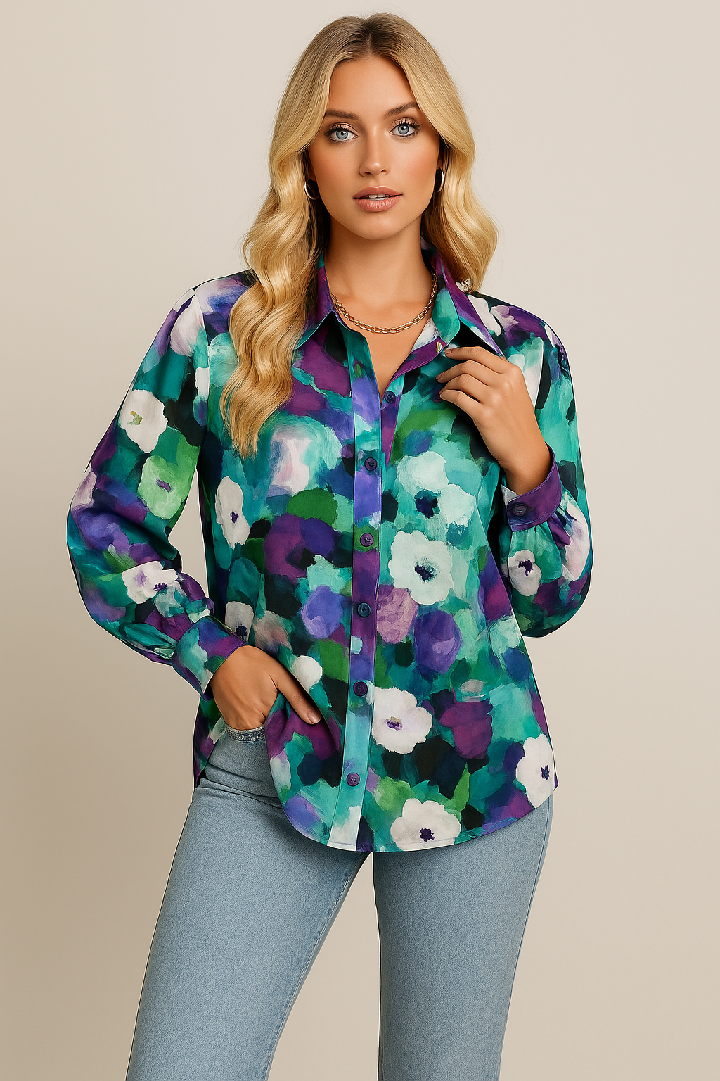 Elegante T-shirt da donna in cotone con bottoni, vestibilità ampia ed elegante motivo floreale