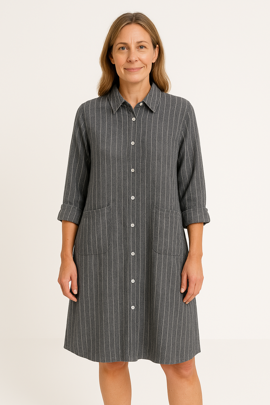 Camicia femminile in cotone leggero con bottoni, design a righe e lunghezza media, per un comfort impeccabile