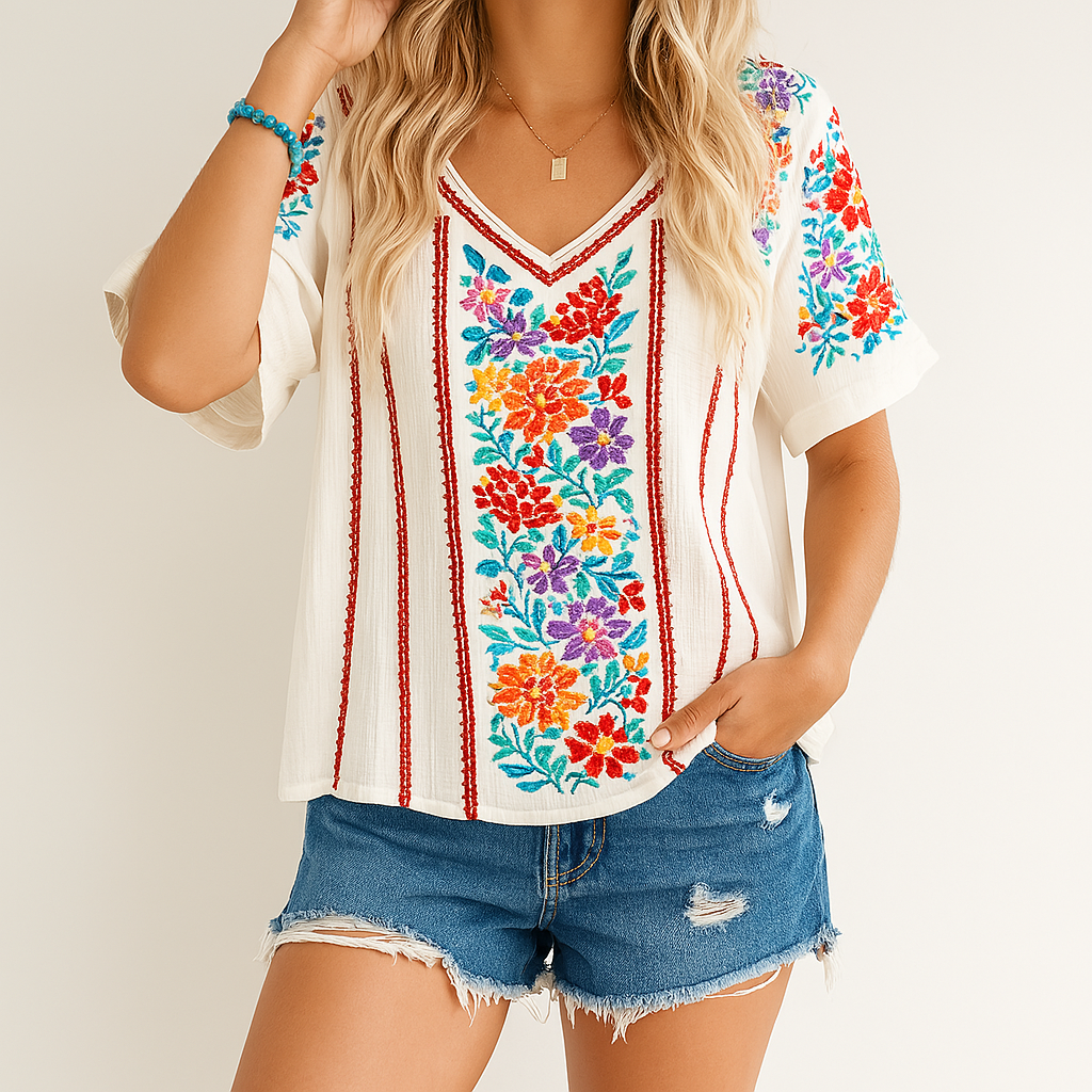 T-shirt elegante da donna con scollo Coupe Décontractée, in cotone mélange e ricami floreali.