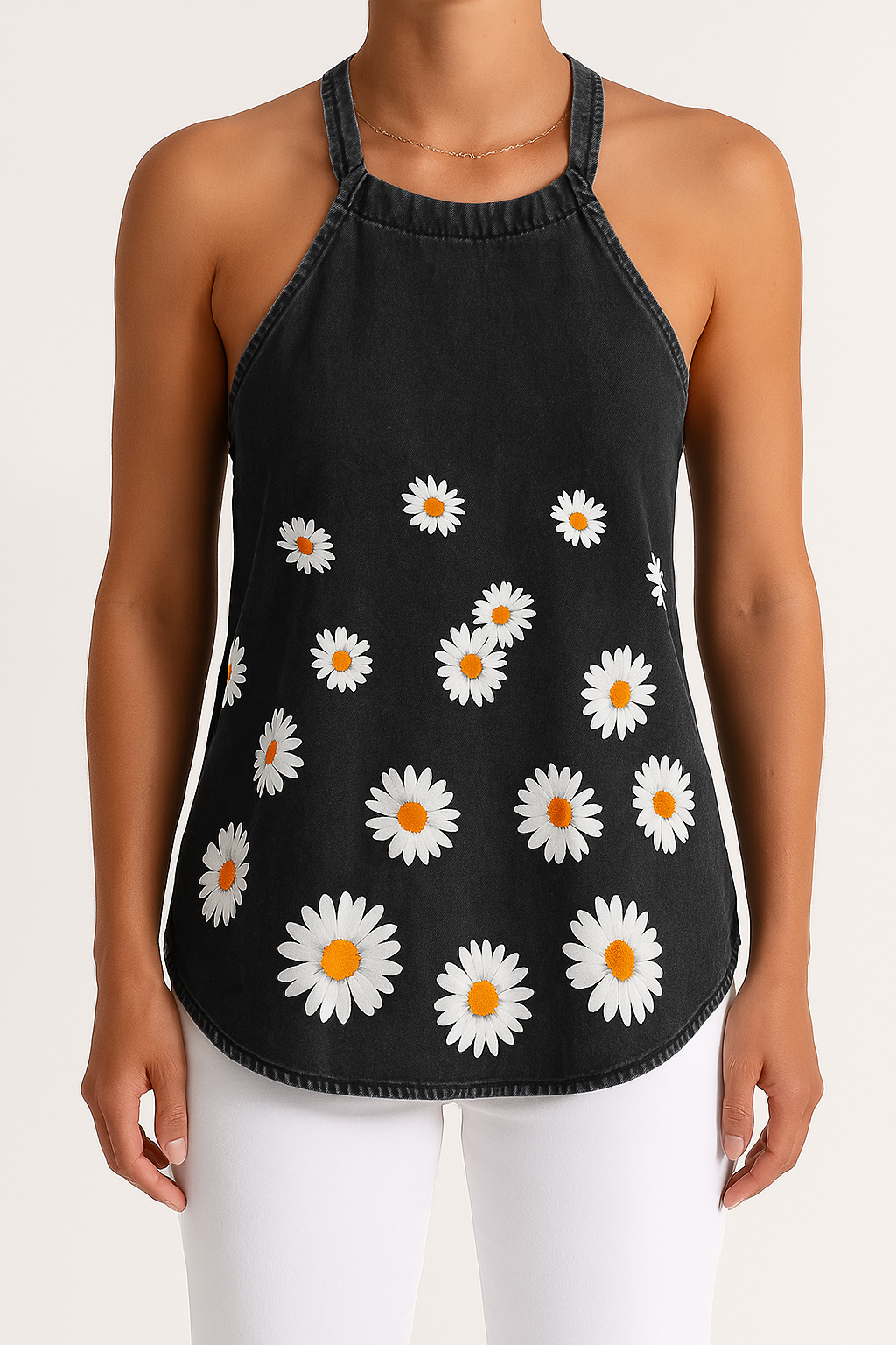Camisole Femme Élégante en Denim Légèrement Confortable avec Bretelles Spaghetti et Imprimé Marguerites