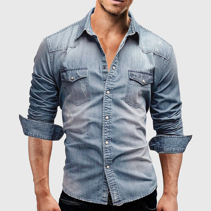 Elegante camicia da uomo in denim a maniche lunghe con funzionale chiusura a bottoni