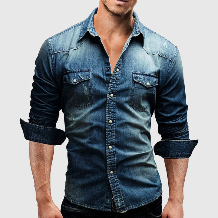 Elegante camicia da uomo in denim a maniche lunghe con funzionale chiusura a bottoni
