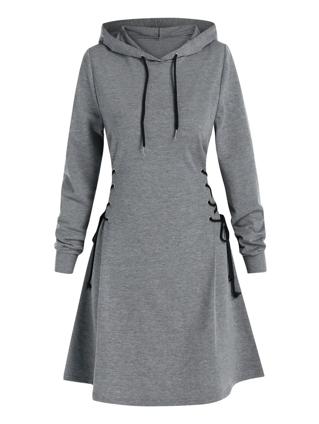 Elegante miniabito da donna con cappuccio dal taglio rilassato ad A con allacciatura laterale e maniche lunghe.