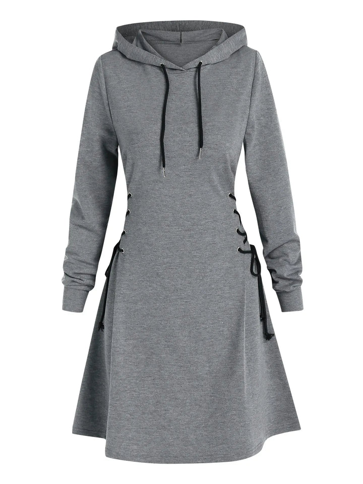 Elegante miniabito da donna con cappuccio dal taglio rilassato ad A con allacciatura laterale e maniche lunghe.