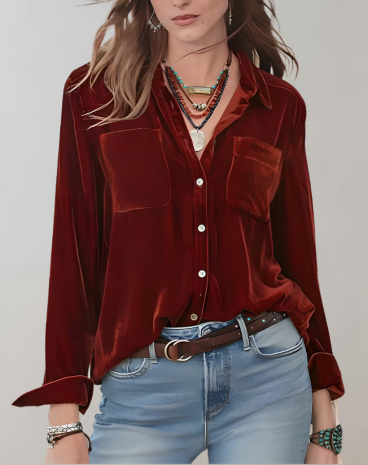 Elegante camicia da donna in velluto dal design retrò con eleganti polsini lunghi