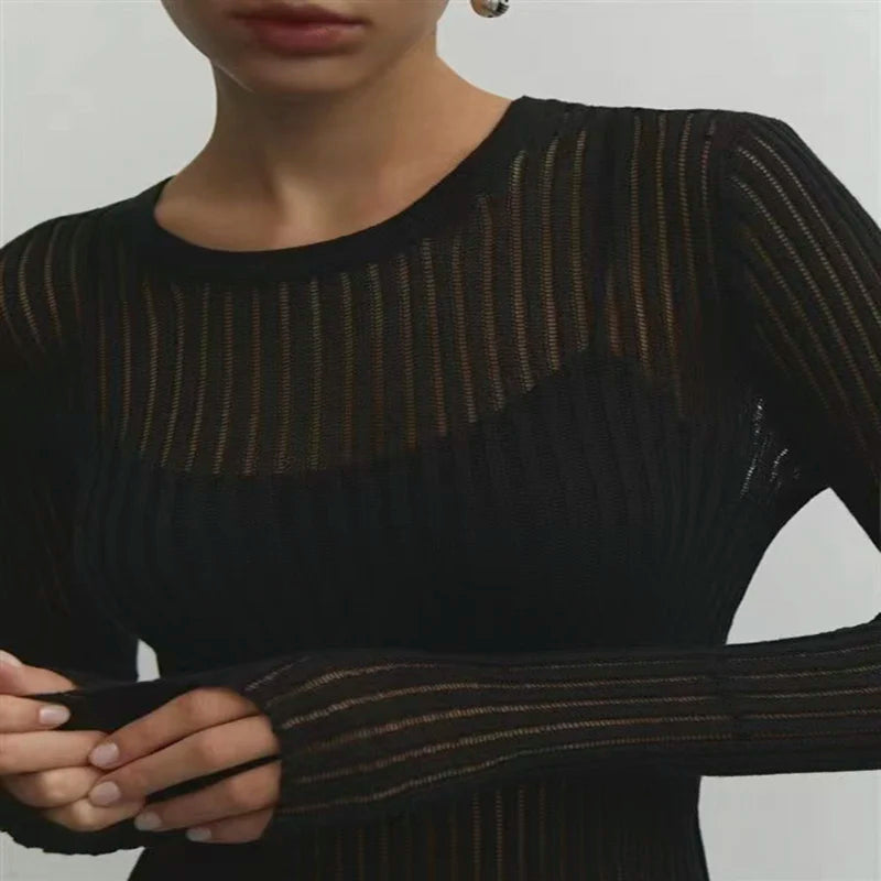 T-shirt da donna a maniche lunghe in elegante rete trasparente