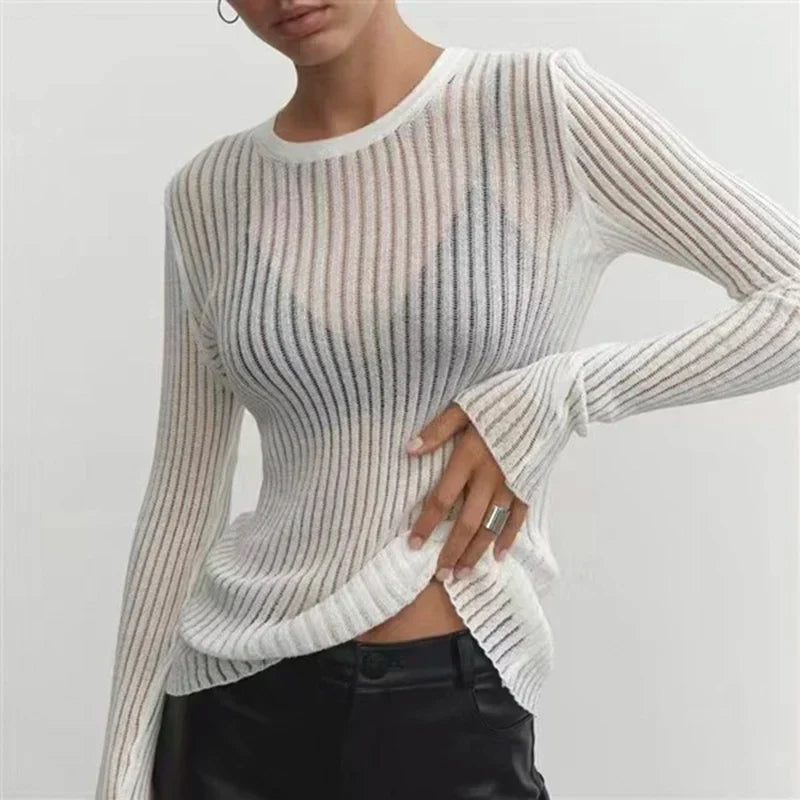 T-shirt da donna a maniche lunghe in elegante rete trasparente