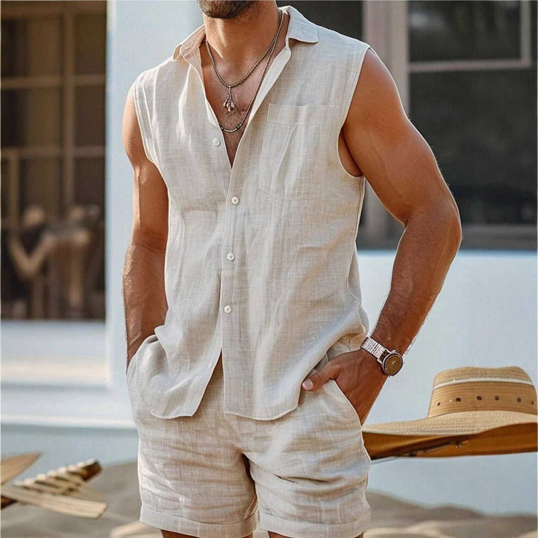 Set di t-shirt e pantaloncini da uomo Coton et Lin - stile rilassato, casual con bottoni