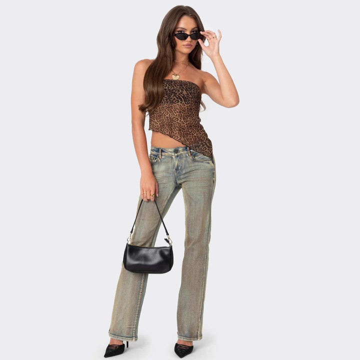 Top da donna con stampa animalier, regolazione a soffitto, senza tiranti e collo asimmetrico per un look elegante
