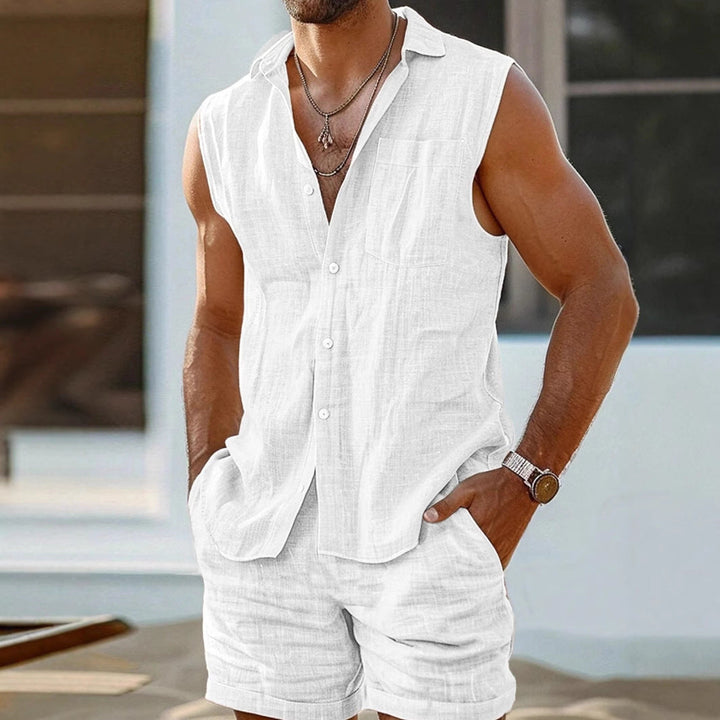 Set di t-shirt e pantaloncini da uomo Coton et Lin - stile rilassato, casual con bottoni