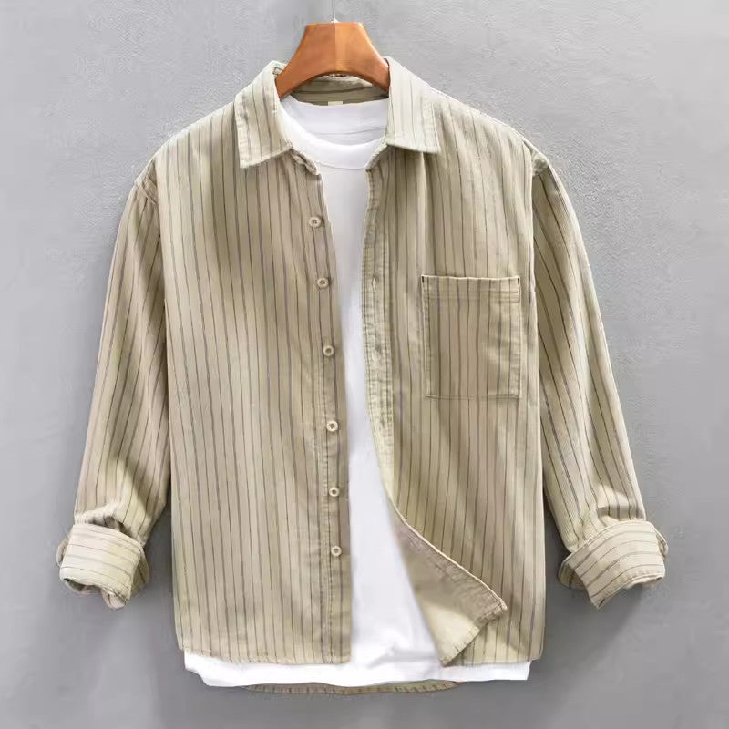 Camisa di manga lunga per uomo con disegno di raggi verticali e corte retta in algodón ligero