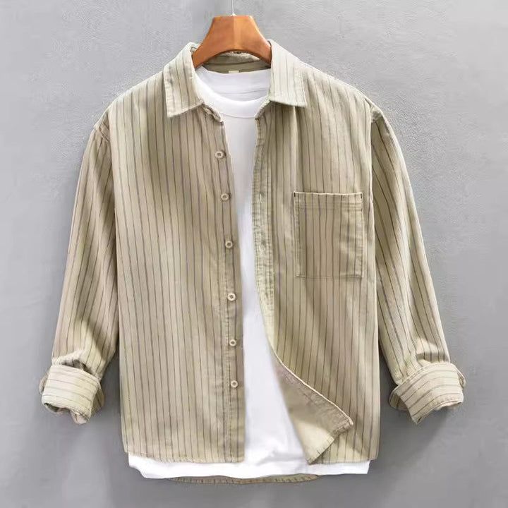 Camisa di manga lunga per uomo con disegno di raggi verticali e corte retta in algodón ligero