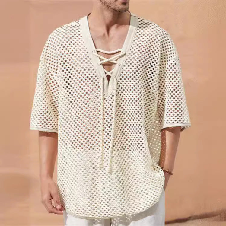 T-shirt da uomo in mesh traspirante con maniche trasparenti, accenti di pizzo sul petto e vestibilità comoda e ampia.