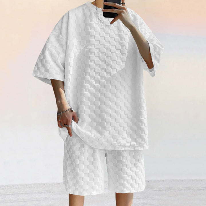Set da uomo in elegante maglia jacquard: ampia camicia e comodi pantaloncini larghi