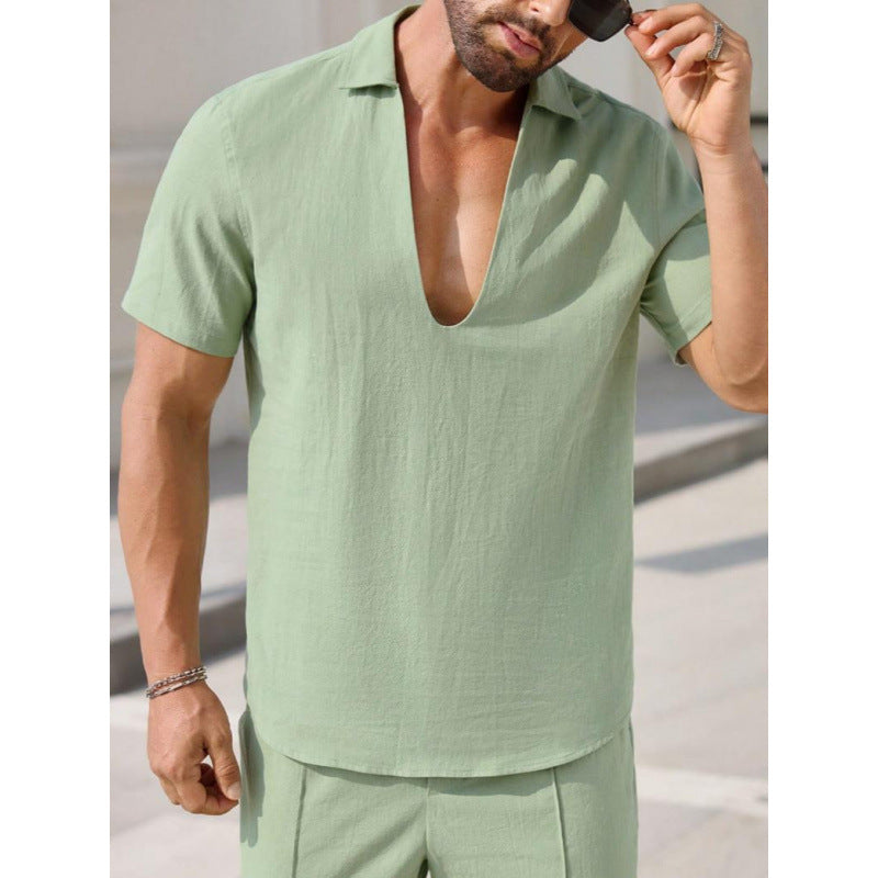 Completo di moda per uomo - Elegante completo di lino con camoscio a V e pantaloni larghi per una vestibilità comoda
