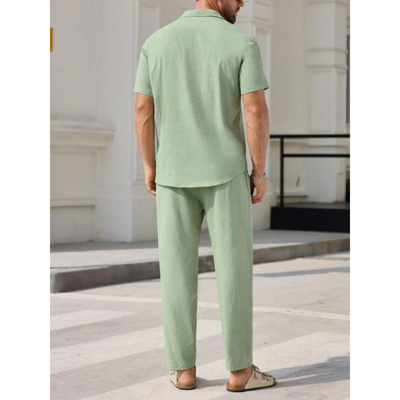 Completo di moda per uomo - Elegante completo di lino con camoscio a V e pantaloni larghi per una vestibilità comoda