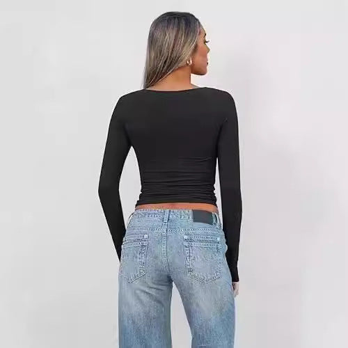 T-shirt da donna alla moda con scollo a V e maniche lunghe - vestibilità aderente e slim fit, twist frontale alla moda e cotone elasticizzato per il massimo comfort