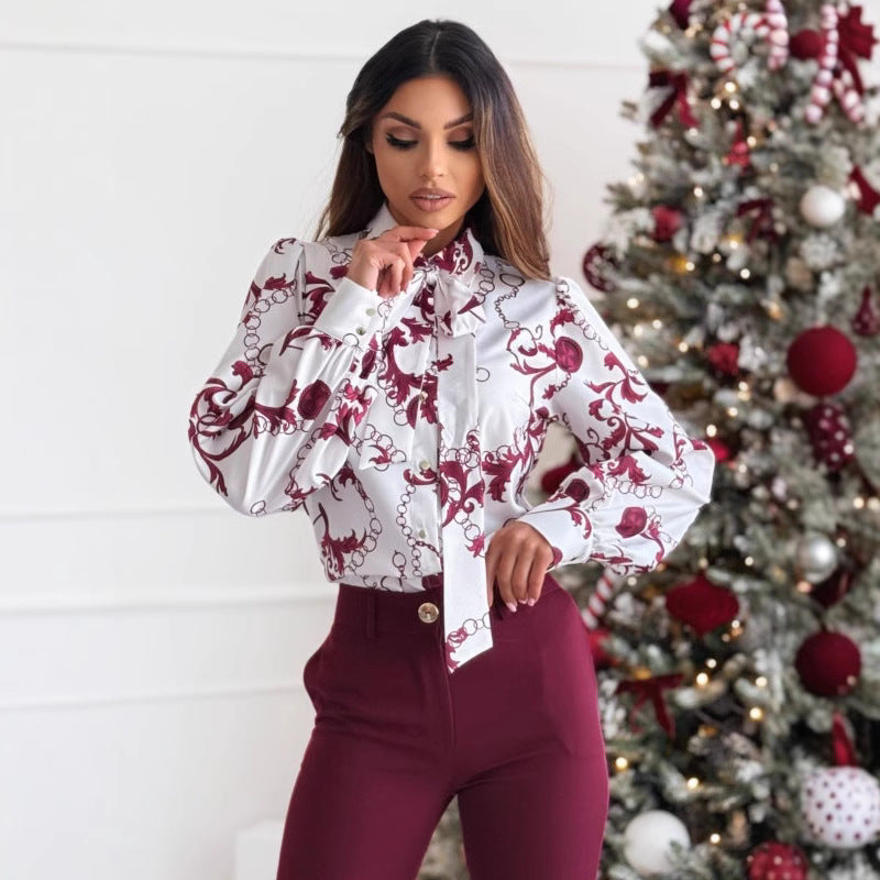 Elegante camicia da donna a maniche lunghe, vestibilità sartoriale, elegante colletto a fiocco, stampa alla moda e polsini con bottoni classici