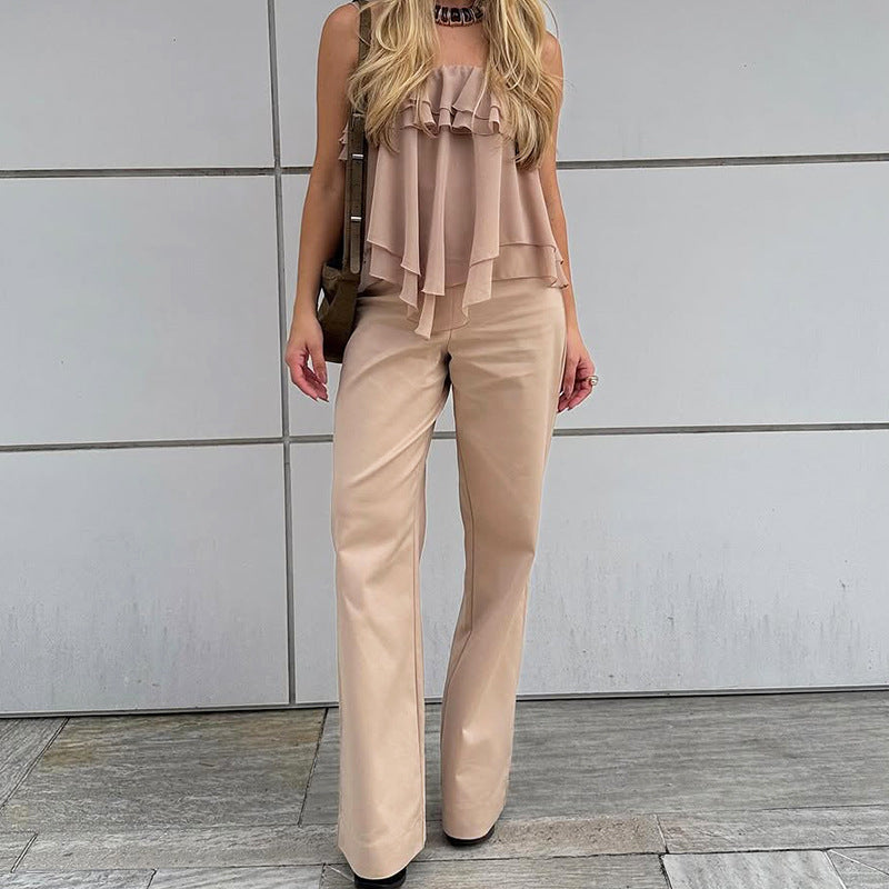 Elegante top da donna senza maniche con linea ad A, con sorprendenti rouches a strati e morbide rifiniture in chiffon