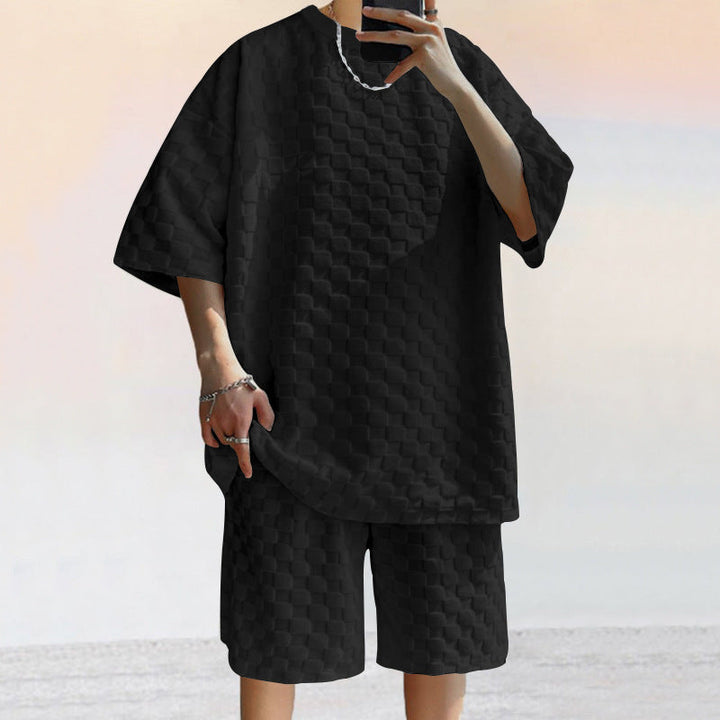 Set da uomo in elegante maglia jacquard: ampia camicia e comodi pantaloncini larghi