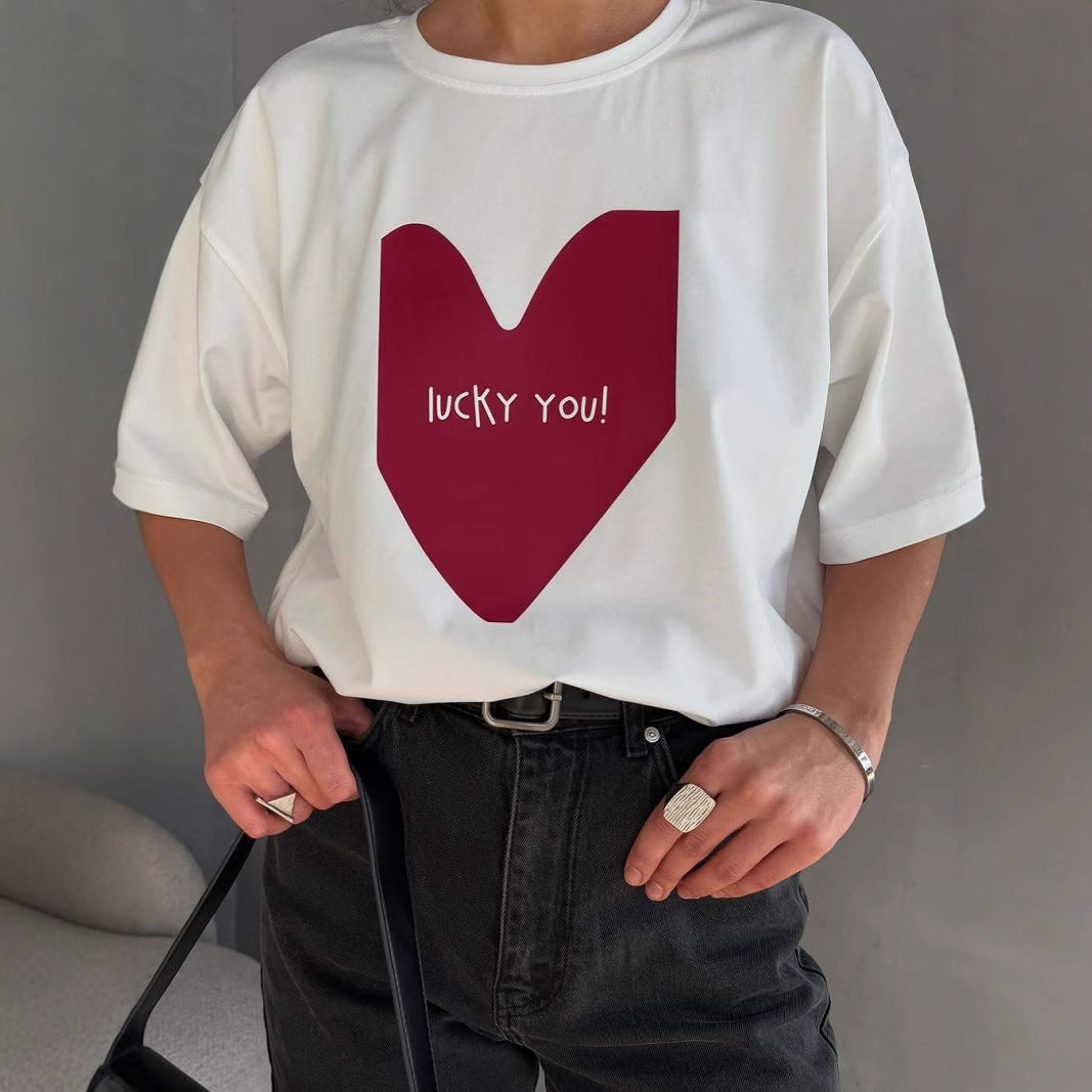 Elegante T-shirt oversize da donna con stampa grafica unica, colletto elegante e scollatura a cuore d'effetto