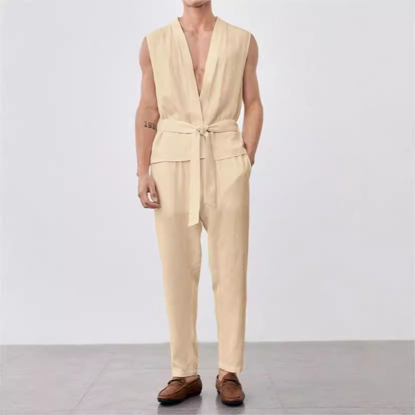 Set completo da uomo: gilet e pantaloni leggeri in tessuto Coton Léger di alta qualità con elegante top senza maniche e confortevole fodera interna