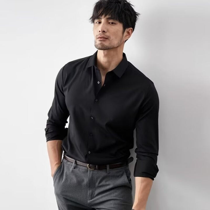 Elegante camicia da uomo Coupe Slim con texture in soia sintetica e maniche lunghe con bottoni - ideale per il business casual
