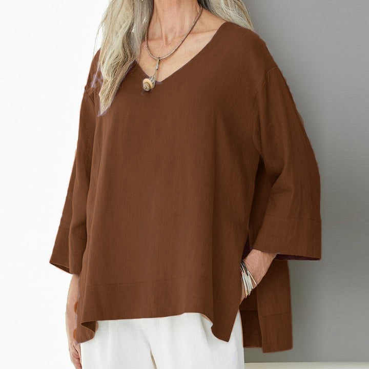 Top elegante con décolleté a V per donna - Melange Coton Lin, ampio taglio, maniche a 3/4, dettagli delle maniche laterali