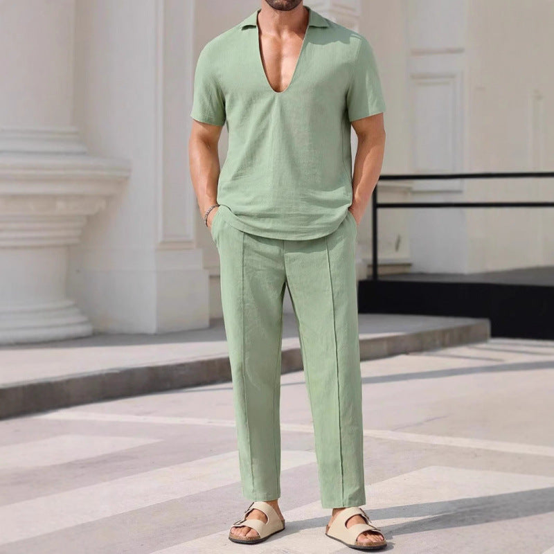 Completo di moda per uomo - Elegante completo di lino con camoscio a V e pantaloni larghi per una vestibilità comoda