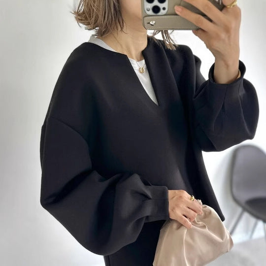 Sudadera da donna a manica larga in stile oversize con tela leggera, maniglie larghe e spalline a V per un look comodo e alla moda