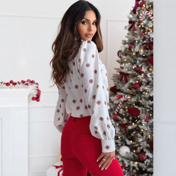 Elegante camicia da donna a maniche lunghe, vestibilità sartoriale, elegante colletto a fiocco, stampa alla moda e polsini con bottoni classici