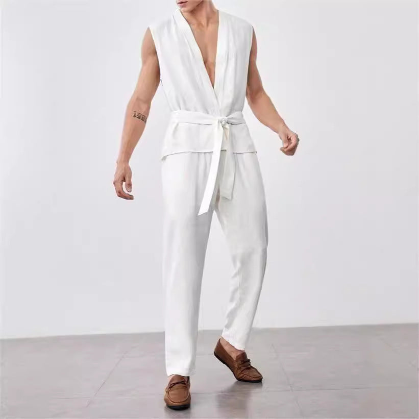 Set completo da uomo: gilet e pantaloni leggeri in tessuto Coton Léger di alta qualità con elegante top senza maniche e confortevole fodera interna