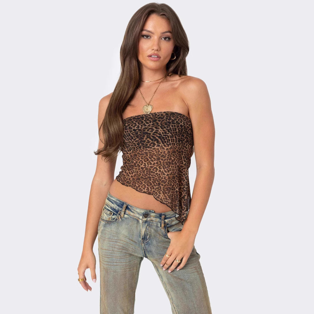 Top da donna con stampa animalier, regolazione a soffitto, senza tiranti e collo asimmetrico per un look elegante